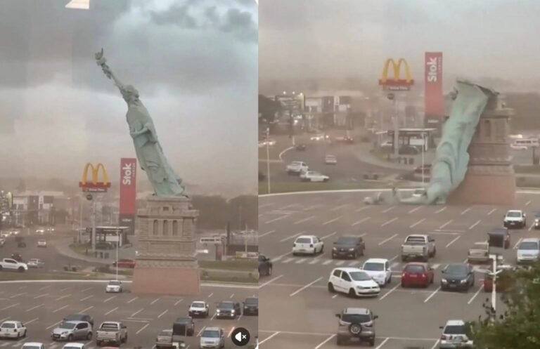 EL VIENTO PUDO CON LA LIBERTAD! FUERTES RÁFAGAS DERRIBAN RÉPLICA DE LA ESTATUA DE LA LIBERTAD EN BRASIL